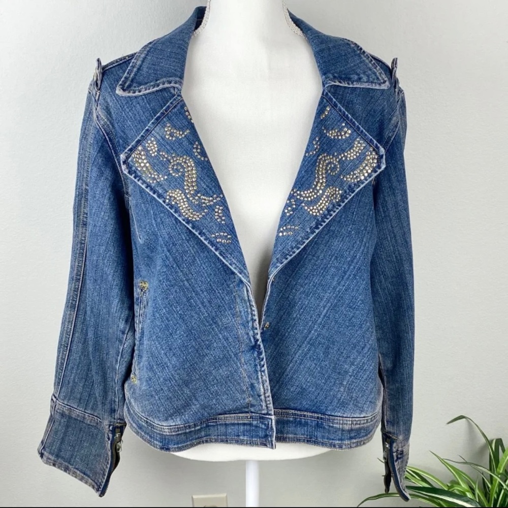 Plus Size 1X Jean Jacket Vintage Bling Zippers Crest Jeans